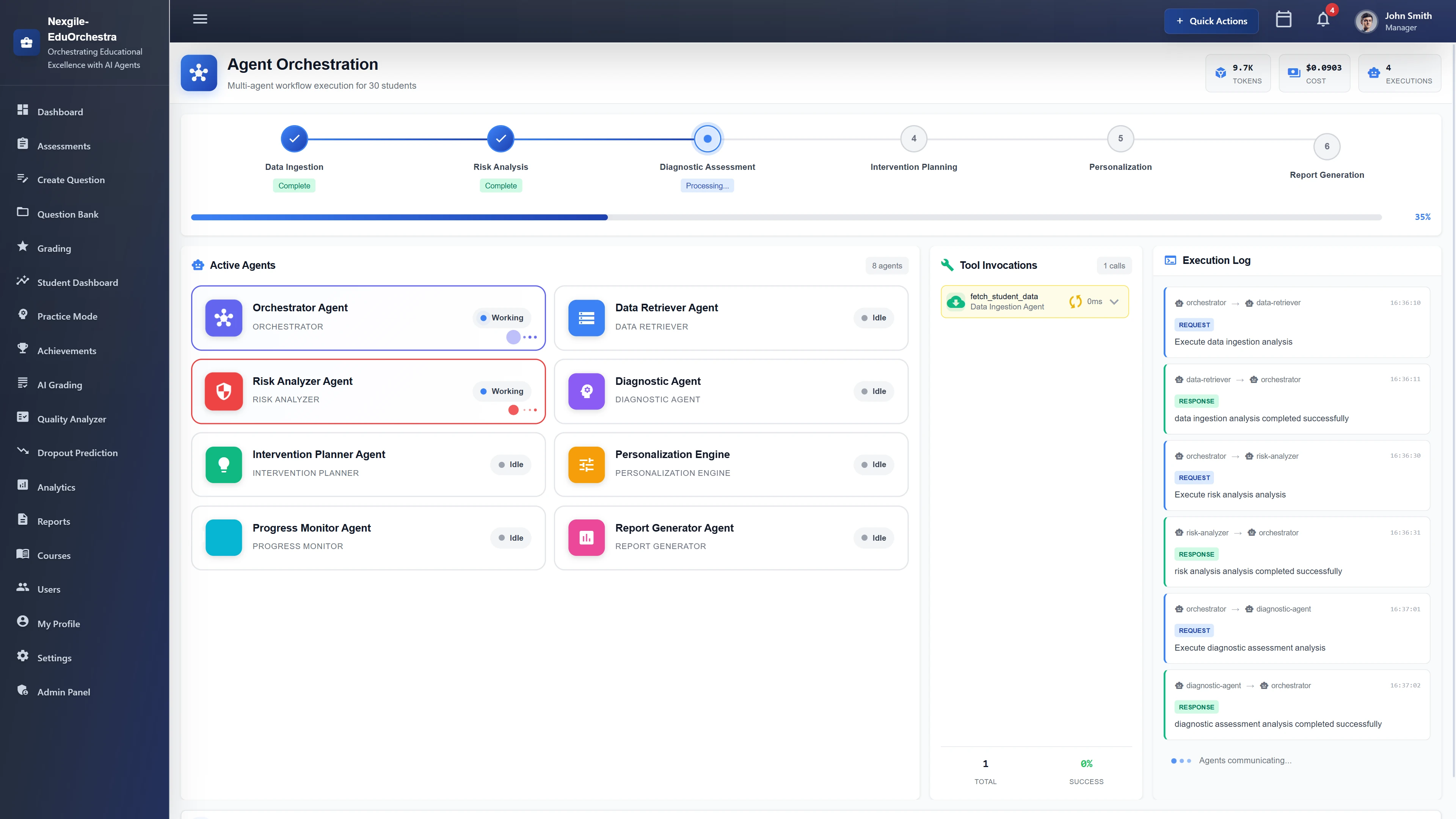 Illustrative preview (sample data, not verified outcomes): Agent Orchestration - Multi-agent workflow pipeline with active agents, tool invocations, and real-time execution log tracking data ingestion through report generation